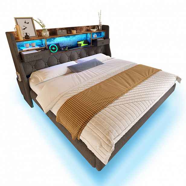 WISHDOR ČALOUNĚNÁ POSTEL 140/200 cm v šedé lněné látce s LED osvětlením, USB, Type-C a policí