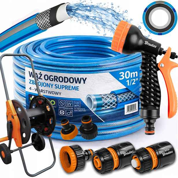 Hadice Zahradní Gumová 1/2" 30m 4 Vrstvy Supreme Pistole Vozík Sada Bradas