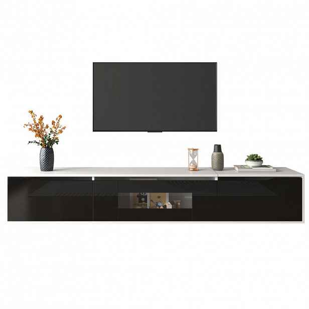 Modfu TV stolek z dřevotřísky 180x35x30 cm bílý s černým vysokým leskem, LED osvětlením a montáží na stěnu