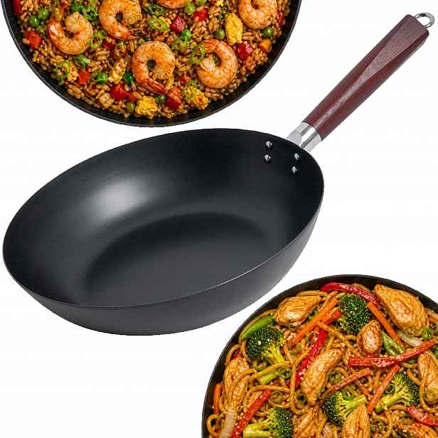 Wok pánev z uhlíkové oceli s plochým dnem 30 cm pro každou varnou desku Emro