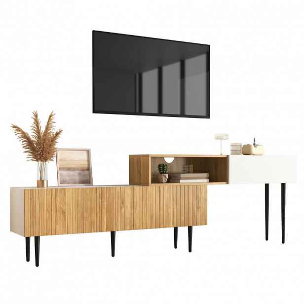 Modfu TV stolek z MDF a dřevotřísky 240x30x63,5 cm bílá a dekor dřeva s nastavitelnou délkou