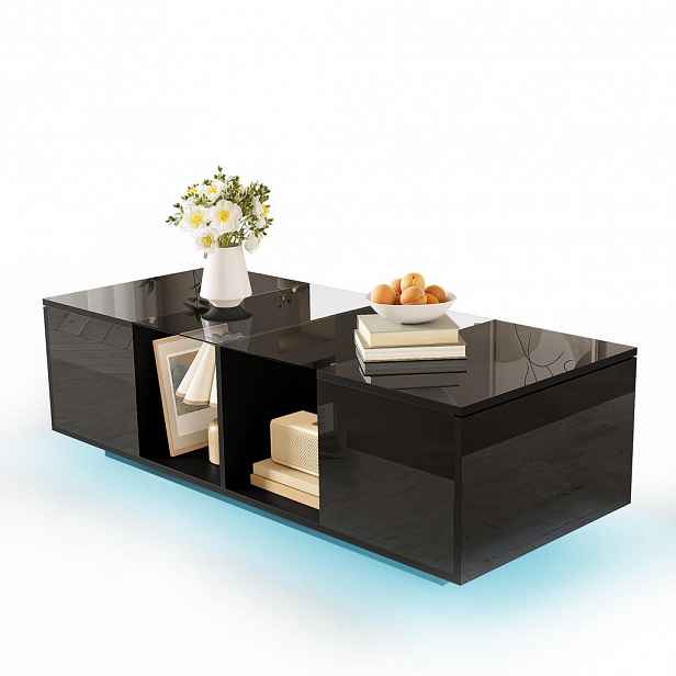 STILVORA KONFERENČNÍ STŮL v černé barvě s LED osvětlením a lesklou deskou do obýváku, 120×50×38,5 cm
