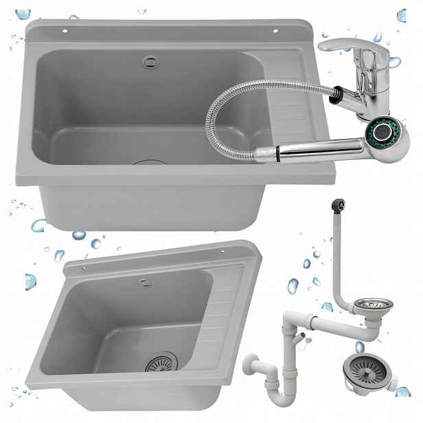 Jednokomorový ekonomický dřez Šedá baterie Vytahovací chromový set