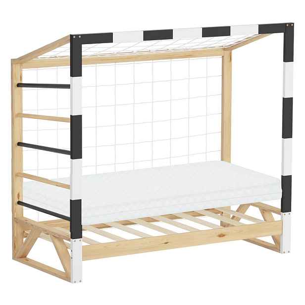 ML-DESIGN DĚTSKÁ POSTEL ve tvaru fotbalové branky s matrací 70 x 140 cm, černobílá, borovicové dřevo