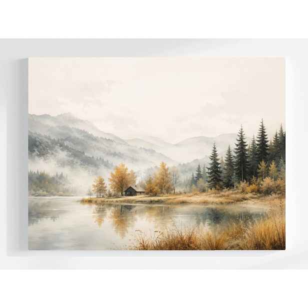 Obraz Na Plátně Canvas Krajina Hory Jezero Les Chatka Podzim Mlha 80x60