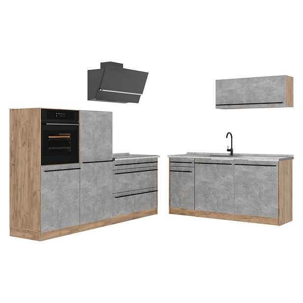 Vicco KUCHYŇSKÝ KOUT R-Line, Beton/Zlatý mocný dub, 220 cm pracovná doska Mramor