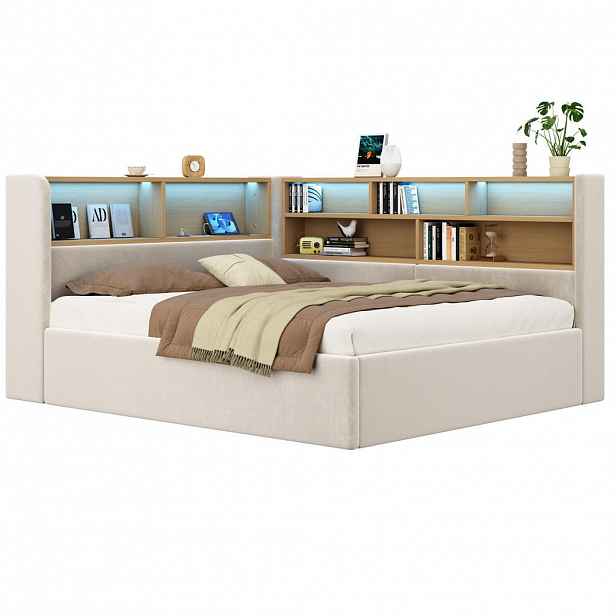 CHICFURN ČALOUNĚNÁ POSTEL 140/190 cm v béžové barvě s úložným prostorem, LED a USB-C