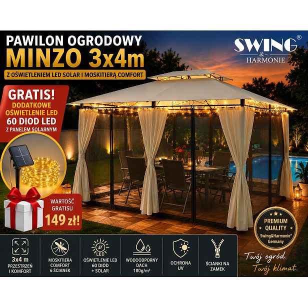 Zahradní Pavilon Minzo 3x4 m Led Solar Moskytiéra Krémový Dárek