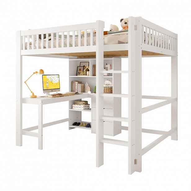CHICFURN VYVÝŠENÁ POSTEL 140/200 cm v bílé barvě s psacím stolem a 3 zásuvkami
