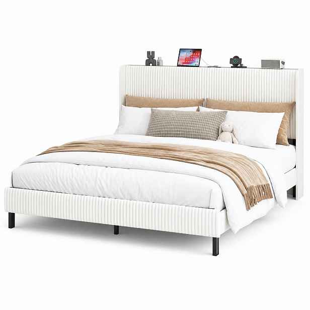 CHICFURN ČALOUNĚNÁ POSTEL 180/200 cm v béžové a krémové manšestrové látce s křídlovým čelem