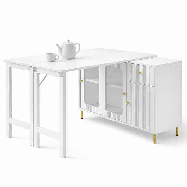 STILVORA KOMODA bílá se skládací a výsuvnou deskou, skleněnými posuvnými dvířky, 122×40×82 cm