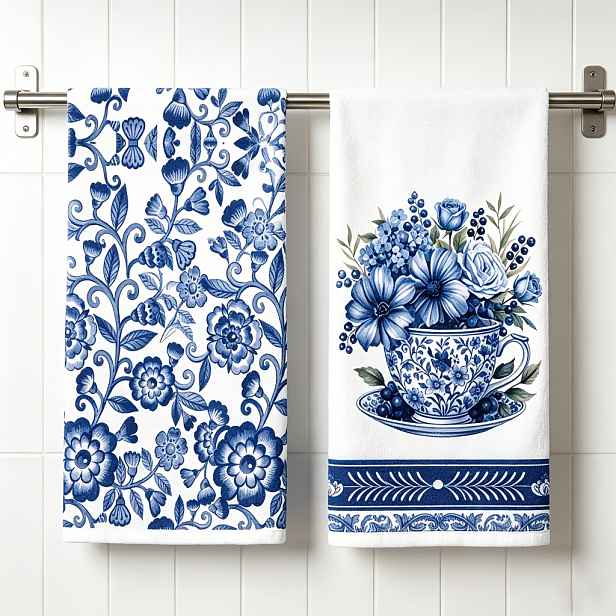 TEMU 2 ks -bílých kuchyňských utěrek s květinovým vzorem, savé, čajové utěrky ve stylu Chinoiserie, elegantní utěrky na nádobí v delftské modři na