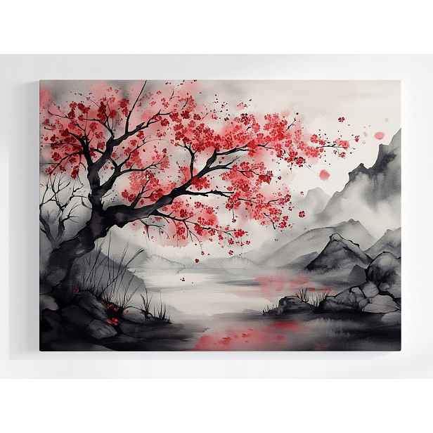 Plakát Asie Hory Jezero Dřevo Višeň Sakura Zen 100x75