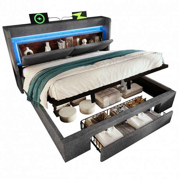 Redom ČALOUNĚNÁ postel 160x200 cm s hydraulickým úložným prostorem, LED osvětlením, USB a USB-C portem, Šedá