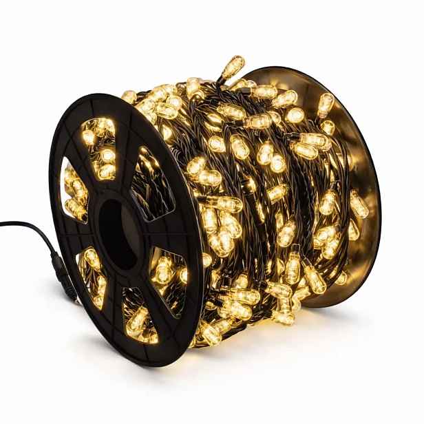 Easy Fix LED světelný řetěz, 100 m, venkovní teple bílá, 400 MEGA LED, černý kabel, IP67, cívka