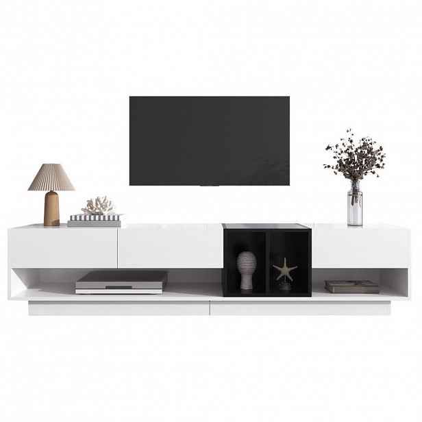 Modfu TV stolek z dřevotřísky 190x40x42 cm bílá/černá se 3 zásuvkami a 2 otevřenými přihrádkami, vysoký lesk
