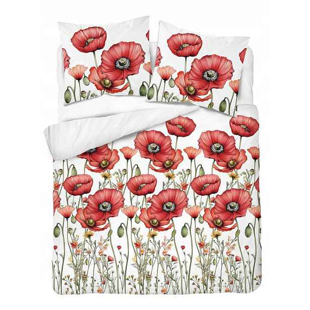 Povlečení Home Satin 160x200 bílá červená máky loukové květy