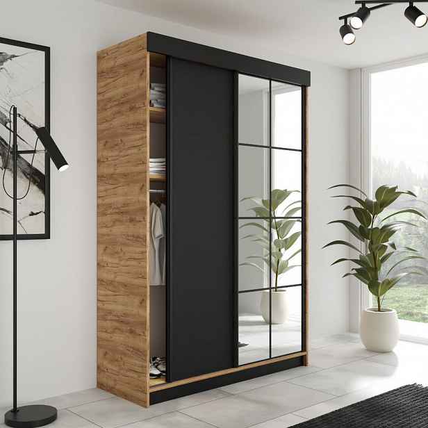 Kier Furniture POSUVNÁ ŠATNÍ SKŘÍŇ LAMARO 167x205x59cm - Dub Craft & Černá