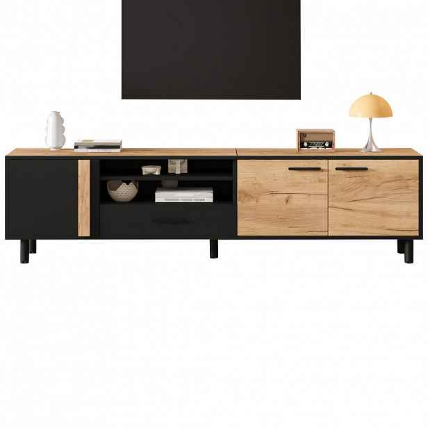 STILVORA TV STOLEK černý a přírodní, 1 zásuvka, 3 skříňky, do obývacího pokoje, 180×32,5×50 cm