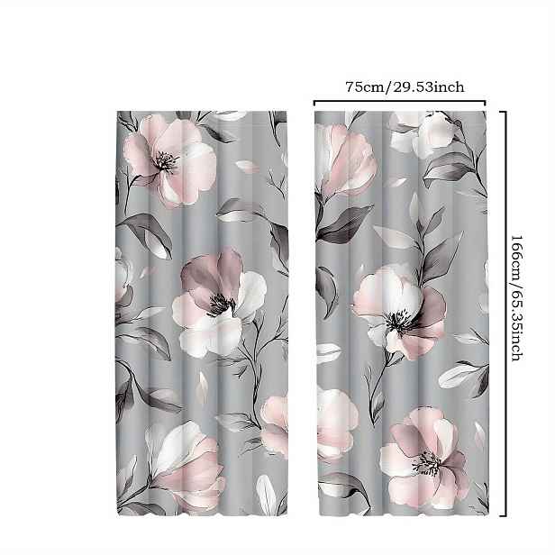 TEMU 2ks Šedé a Růžové Květinové Závěsy - Kapsou na Tyč, Polyester Odolný proti Vyblednutí s Elegantním Květinovým Vzorem pro Obývací Pokoj, Kuchyň,