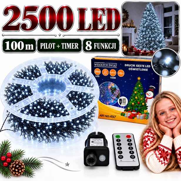 Vánoční Osvětlení Na Stromeček 2500 Led 100 M Studené Bílé Drátek Dálkové Ovládání Časovač 8 Režimů