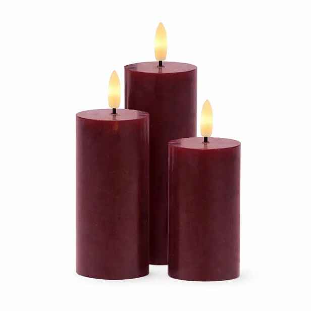 LED svíčky z pravého vosku dobíjecí Bordeaux, sada 3 ks, výška 10/12,5/15cm, ø 5 cm, vínová, bez stanice