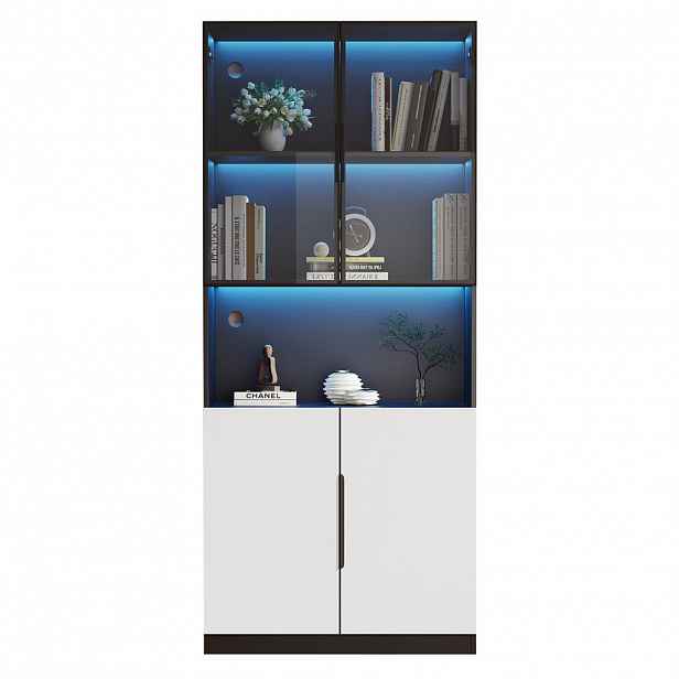 Modfu VITRÍNA z dřevotřísky 160x30x200 cm bílá/černá se skleněnými dvířky, LED osvětlením a nastavitelnou policí