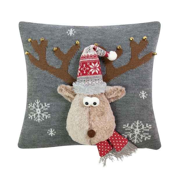 Šedý vánoční dekorační polštář sob Rudolf - 40*40*7cm Mars & More