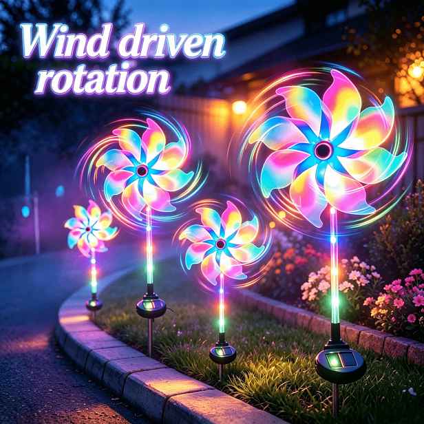 TEMU Solární rotační větrný mlýn se světlem, dekorativní zahradní světlo, větrný mlýn svítící s větrem, RGB barevně měnící se LED světlo větrného