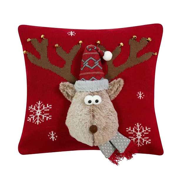 Červený vánoční dekorační polštář sob Rudolf - 40*40*7cm Mars & More