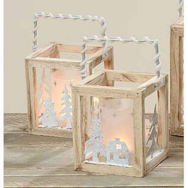 Svícen/lucerna hranatá JASCHA dekor zima dřevo/sklo 21cm