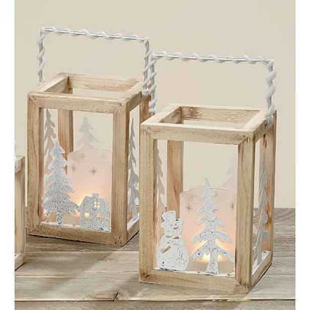 Svícen/lucerna hranatá JASCHA dekor zima dřevo/sklo 28cm