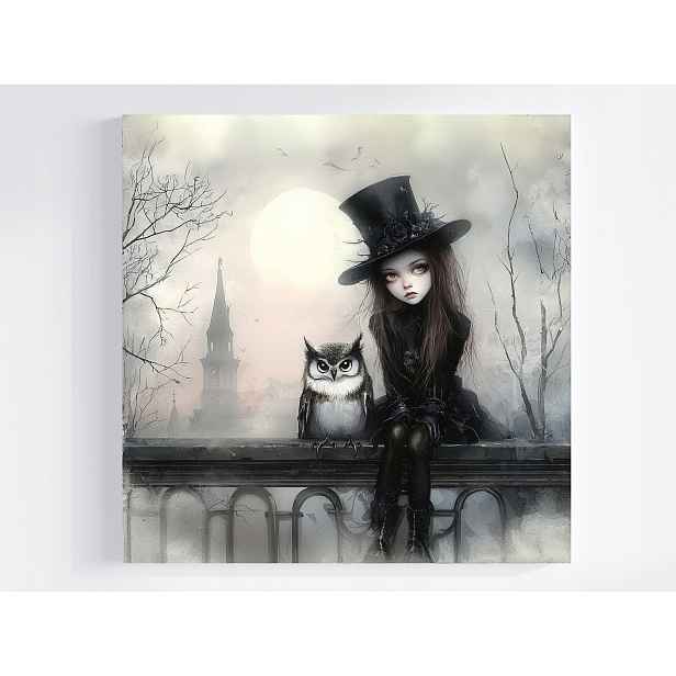 Obraz Na Plátně Canvas Akvarel Dívka Sova Gotic Pohádka 50x50