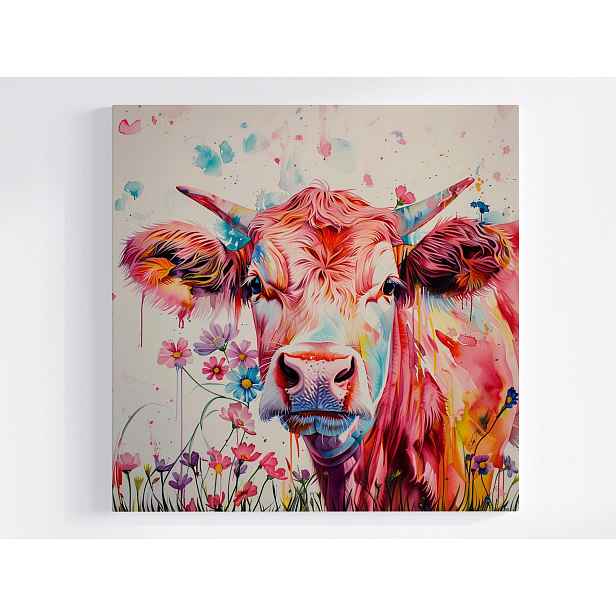 Obraz Na Plátně Canvas Portrét Kráva Růžová Barvy Květiny Boho 50x50