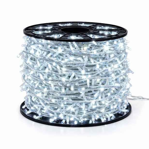 Easy Fix LED světelný řetěz, 100 m, venkovní, ledově bílá s FLASH, 2000 diod, bílý kabel, IP67, cívka