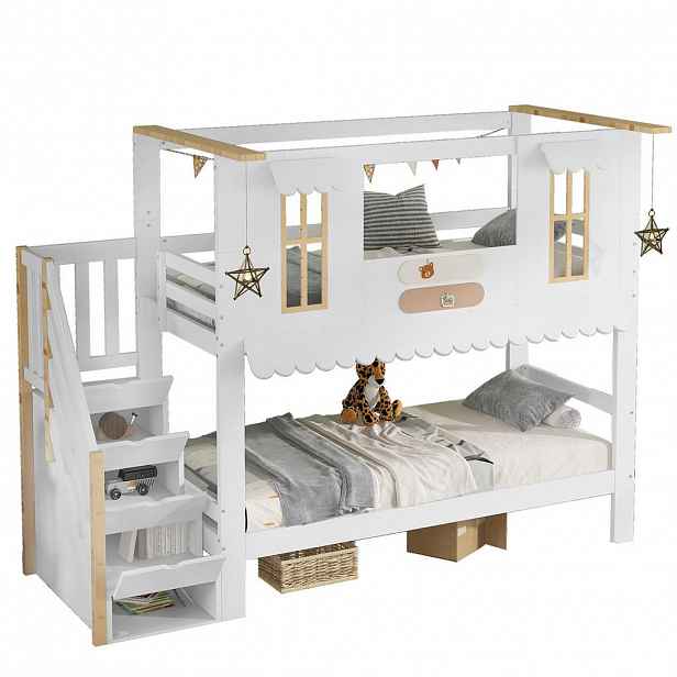 CHICFURN PATROVÁ POSTEL 90/200 cm v bílé a přírodní barvě s úložnými schody