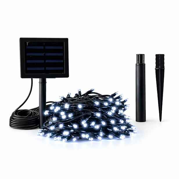 LED venkovní solární světýlka na zahradu, 20 m, ledově bílá, 200 diod, černý kabel, IP44, solární panel