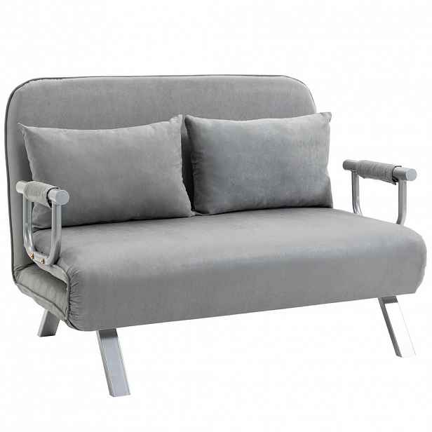 HOMCOM ROZKLÁDACÍ SOFA Dvoumístná s funkcí lůžka, jednolůžko s polštáři, samet, světle šedá