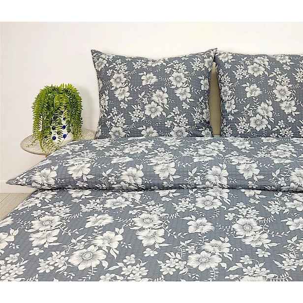 Krepové povlečení Premium bílé květy na šedé barvě 22220-3 160x200