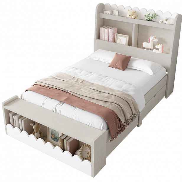 OKWISH DĚTSKÁ postel 90/200 cm bílá a světlý dub z masivu a MDF s úložným prostorem