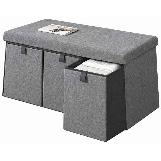 Šedý Puf Velká Taburet Smukee Skládací taburet se 3 zásuvkami 76x38x38 cm