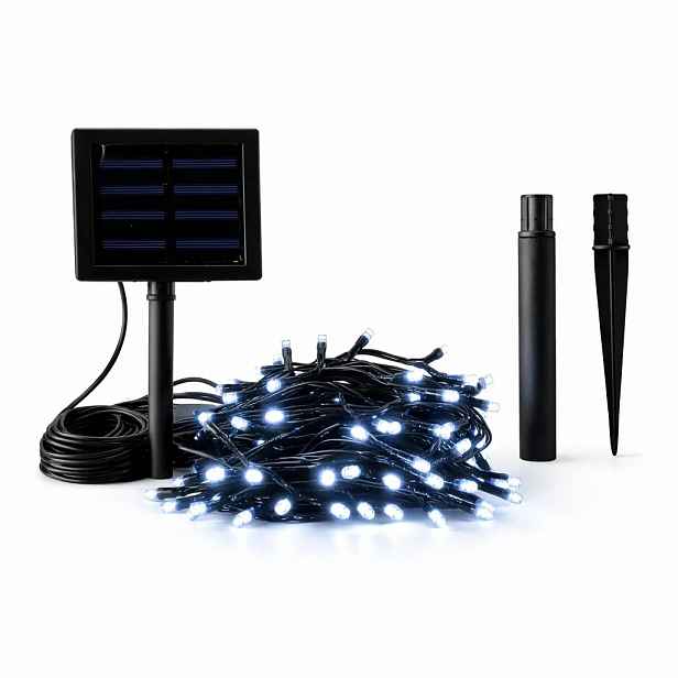 LED venkovní solární světýlka na zahradu, 5 m, ledově bílá, 50 diod, černý kabel, IP44, solární panel