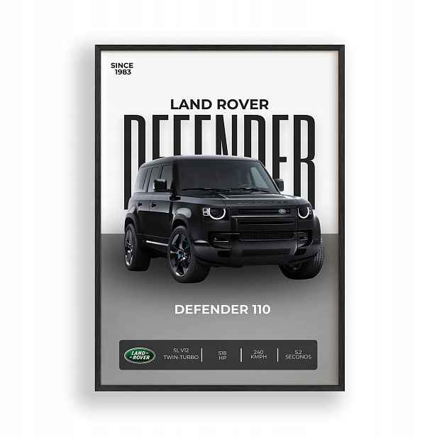 Obraz Auto Land Rover Defender Plakát Rámeček Dřevěný Černý 30x42 cm