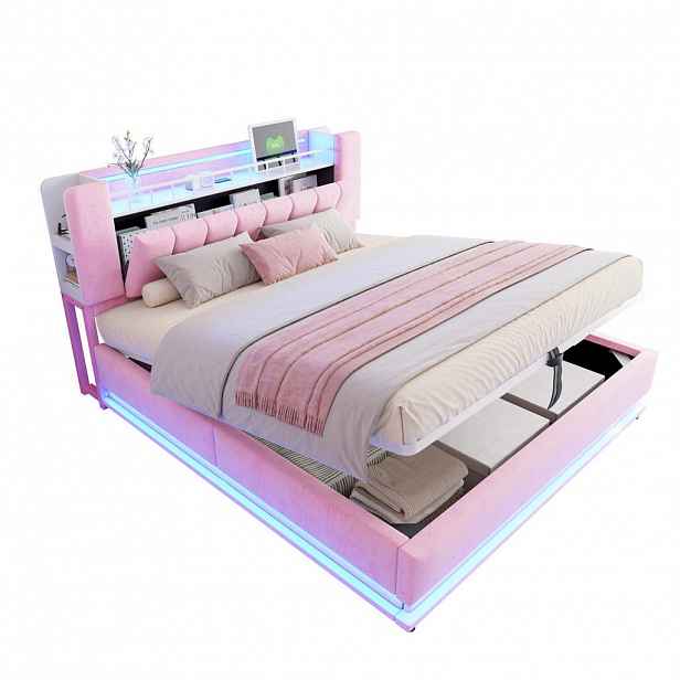 Modfu ČALOUNĚNÁ postel z MDF, kovu a sametu 180x200 cm růžová s LED osvětlením, USB porty a úložným prostorem