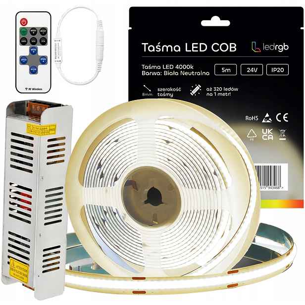 Sada Led pásků Neon Cob 24V 5 m 4000K Bílá Neutrální Napájecí Zdroj 60W Dálkový Ovladač