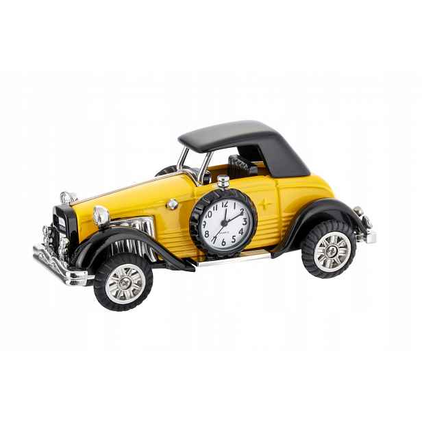 Hodinky auto figurka kovová dekorace žlutá do kanceláře auto re