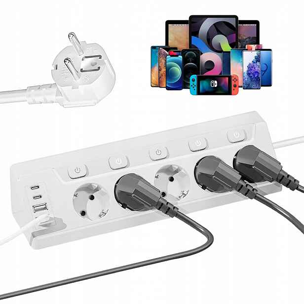 Prodlužovací Kabel Zásuvková Lišta 2 M 5 Zásuvek Uzemnění 4X Usb C Bílý