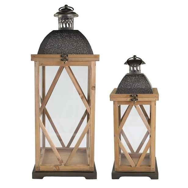 Set 2ks přírodní antik dřevěná lucerna Frencia - 24*24*67/ 17*17*46 cm Chic Antique