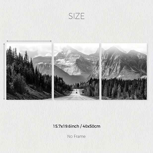 TEMU 2D ploché, 2D ploché, Sada tří černobílých tisků hor, přírodní nástěnné umění, lesní tisky, plátěné plakáty, moderní dekorace na zeď, jarní