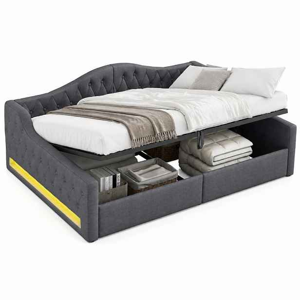 CHICFURN ČALOUNĚNÁ POSTEL 140/200 cm v šedé barvě s úložným prostorem a LED osvětlením